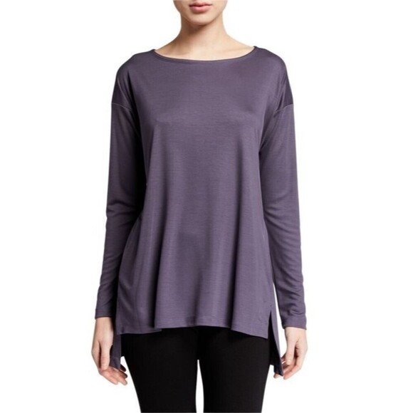 Eileen Fisher Womens Petite Size Small Purple Solid Tencel Jersey Jewel Neck Top - Picture 1 of 6